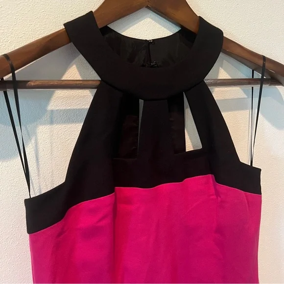 Trina Turk Cage Neck Sleeveless Color Block Black and Pink Midi Dress - Picture 3 of 10